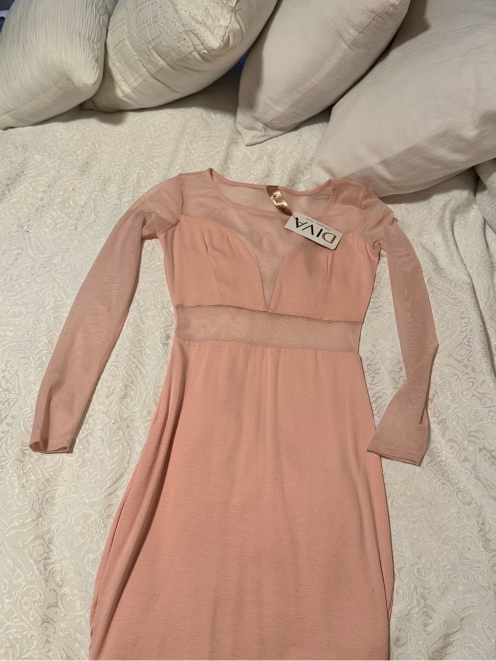 Diva Blush Pink Sheer-Panel Long Sleeve Bodycon Dress